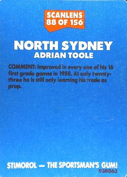 1989 Scanlens #88 Adrian Toole Back